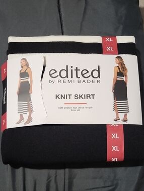 Black and White Striped Knit Midi Skirt
